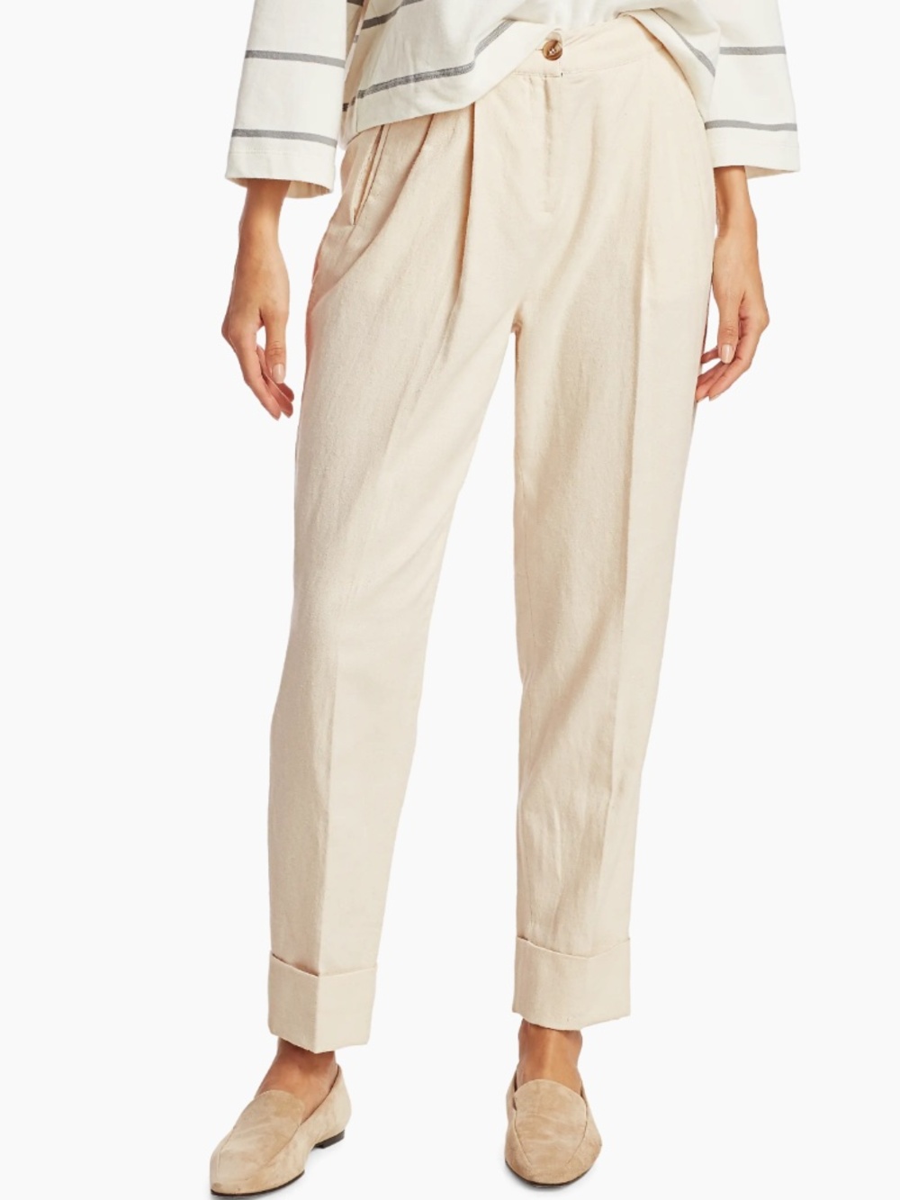 ATM Linen Blend Cream / White Tailored Pants, Cuffed Tapered Trousers, Women's 6